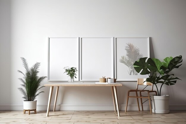 Poster frames on a white wall a straightforward interior with a wooden floor and some vegetation