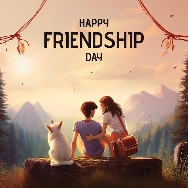 a poster for friendship day with a couple sitting on a couch and a cat and a cat