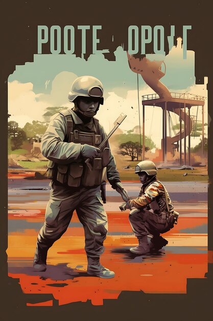 Poster of from battlefield to playground depict soldiers tra no war concept art 2d flat design