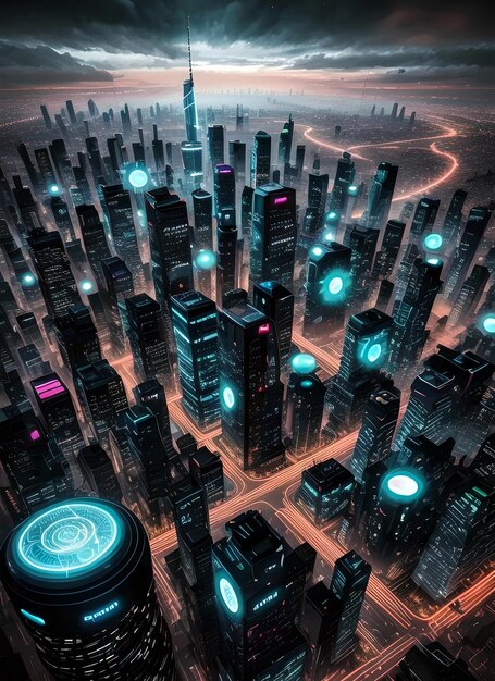 A poster of a futuristic city where everything is connected with internet