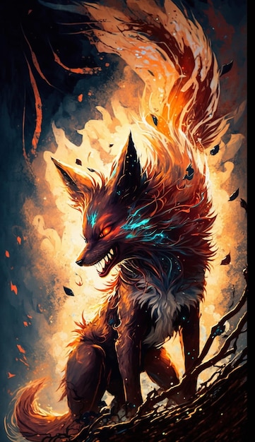 A poster for the game fox with flames and fire flames.