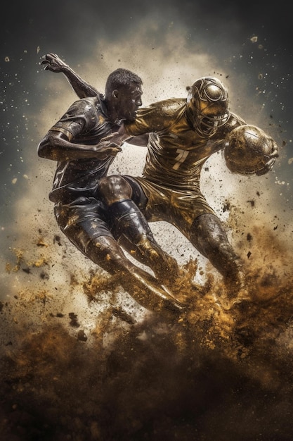 A poster for the game of rugby with a man in a gold helmet and a man in a black shirt.