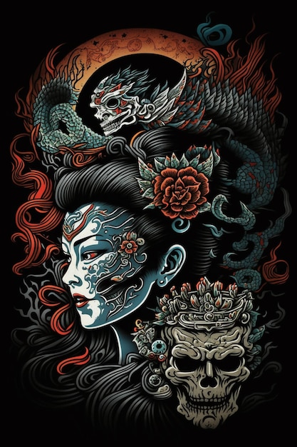 A poster for a geisha with a skull and dragon on it.