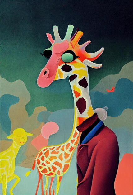 Foto un poster di una giraffa con giacca rossa e occhiali da sole.