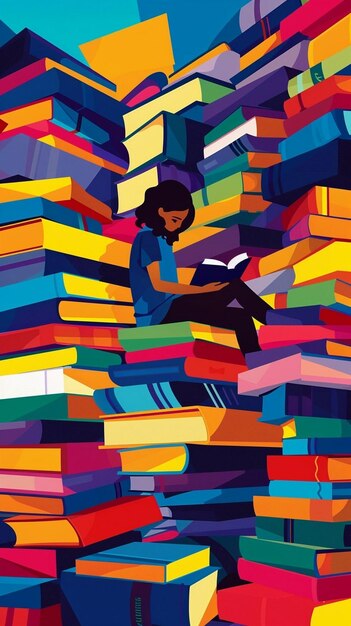 Photo poster of a girl reading among books