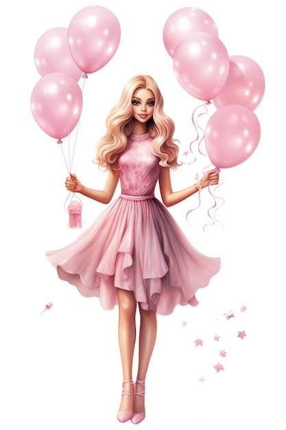 a poster for a girl with balloons and a box of pink balloons.