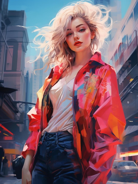 A poster for a girl with blonde hair and a white shirt.