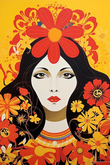 the poster of a girl with a flower on her face in the style of dark yellow and red