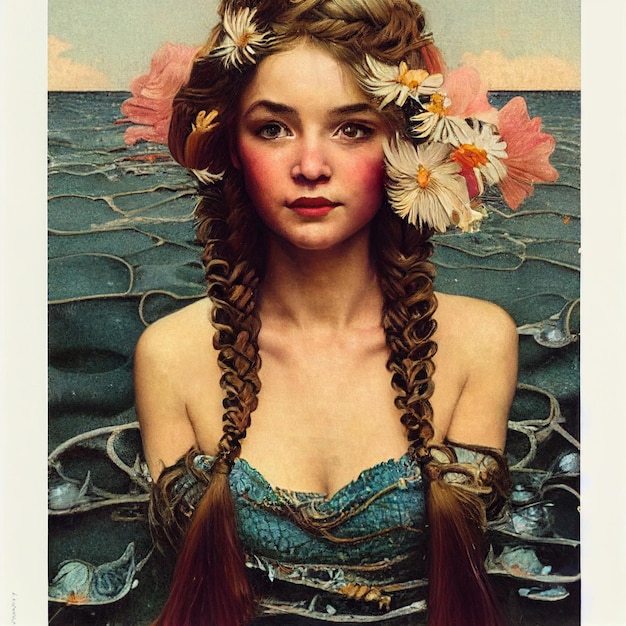 A poster of a girl with flowers in her hair