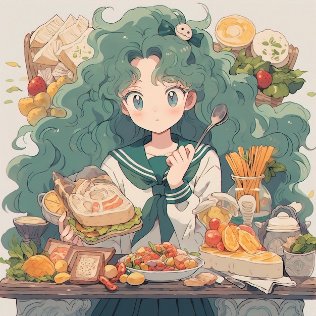 a poster of a girl with a green hair and a plate of food with a knife.