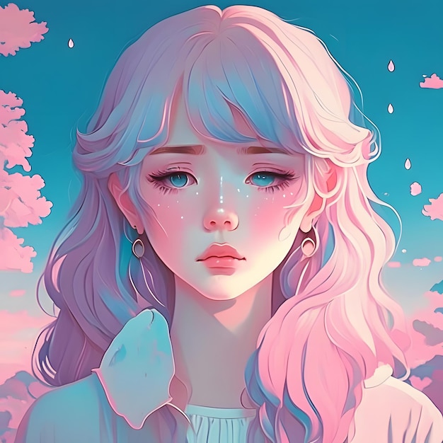 A poster for a girl with a pink hair and a blue background with a pink flower in the middle