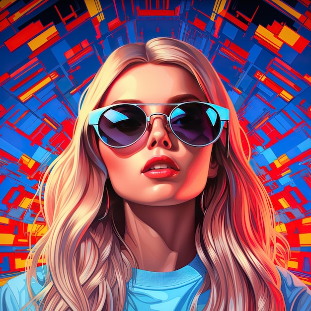 a poster of a girl with sunglasses and a blue shirt with the word l on it