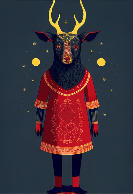 A poster of a goat wearing a red dress with gold patterns and a red crown.