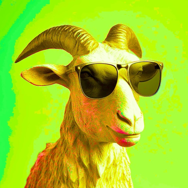 A poster of a goat wearing sunglasses with green background