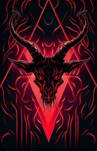 A poster of a goat with horns and a red background.