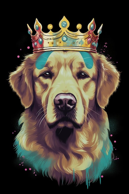 A poster of a golden retriever wearing a crown.