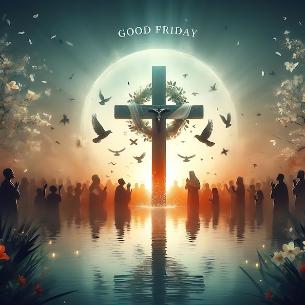 a poster for good friday with a cross and people in the background