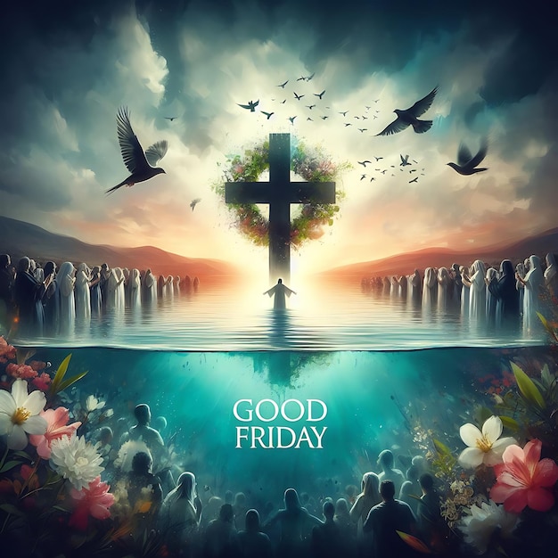 a poster for good friday with a cross on the top of it