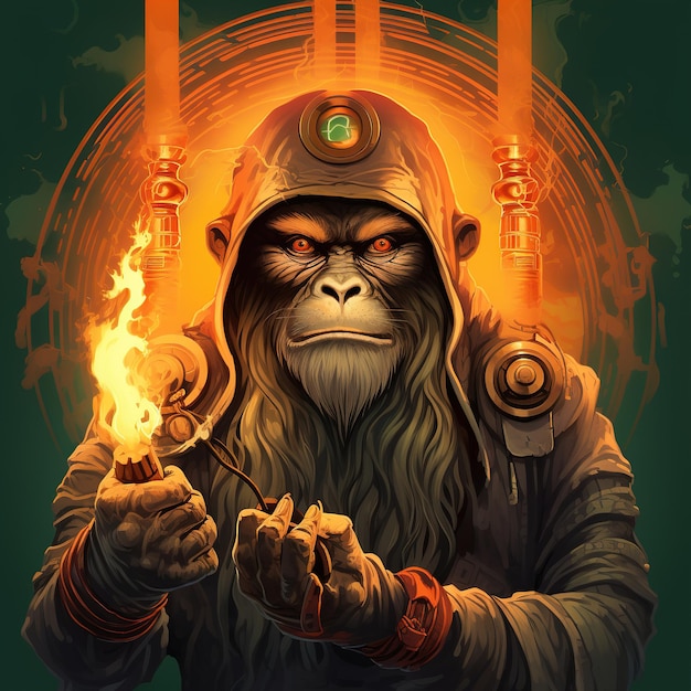 плакат для гориллы под названием обезьяна с факелом и пожарным на заднем плане