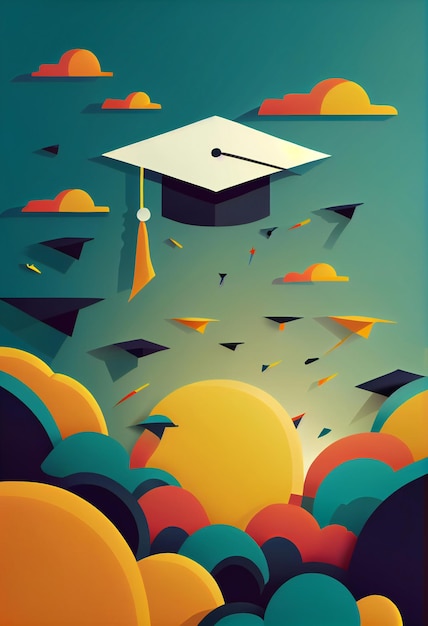 A poster for a graduation cap flying in the sky with clouds and sun in the background.