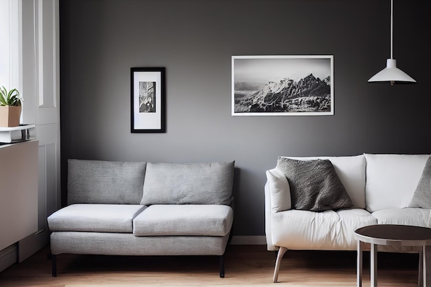 A poster above a gray sofa with a coffee table and plants next to it in a simple living room interior 3d rendering