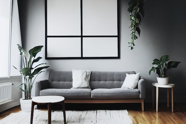 A poster above a gray sofa with a coffee table and plants next to it in a simple living room interior 3d rendering