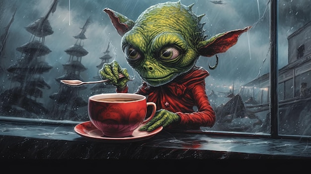 a poster of a green alien with a cup of coffee and a spoon