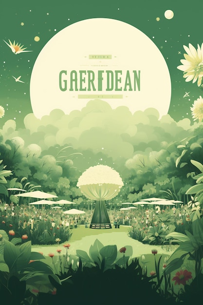 A poster for a green and white garden