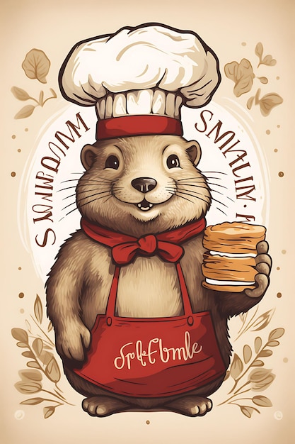 Poster of groundhog in a chefs hat and apron warm earth tones with pop 2d flat design illustration