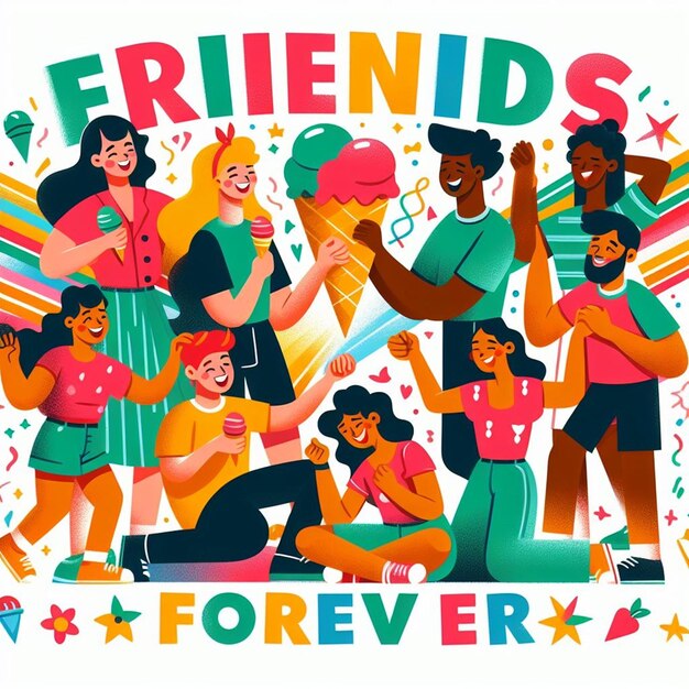 Photo a poster of a group of friends dancing in colorful letters that says forever forever forever