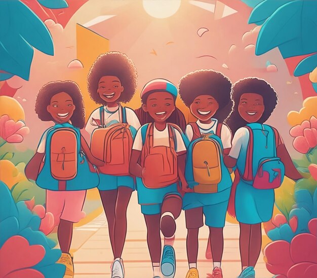 A poster for a group of girls with backpacks