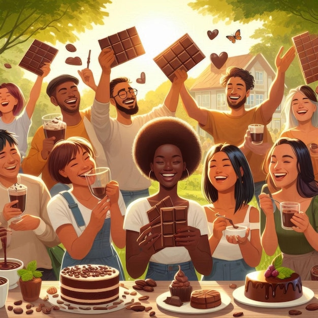 Photo a poster of a group of people celebrating with chocolate bars and chocolates