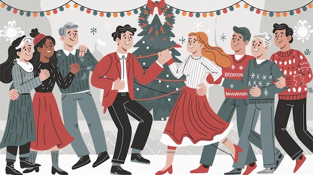 a poster of a group of people dancing in front of a christmas tree