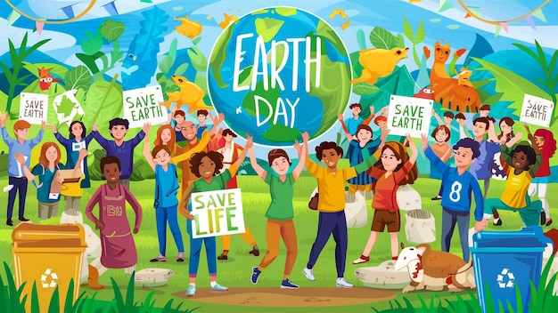 плакат группы людей, держащих знаки с надписью "День Земли"