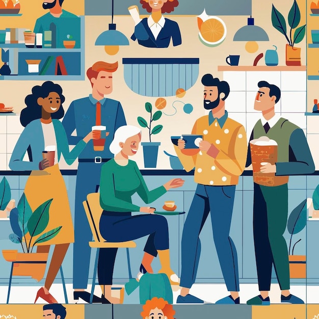 a poster of a group of people in office kitchen having free time