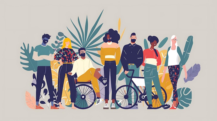 Photo a poster for a group of people with a bicycle