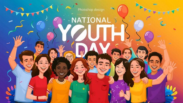 a poster of a group of young people with balloons and a colorful background