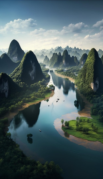 A poster for guilin shows a river and mountains in china.