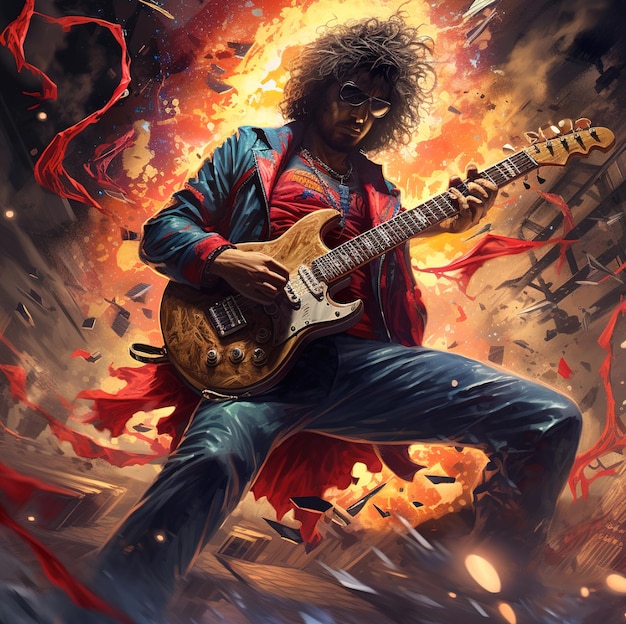 a poster for a guitar player with a guitar in the middle of the picture.