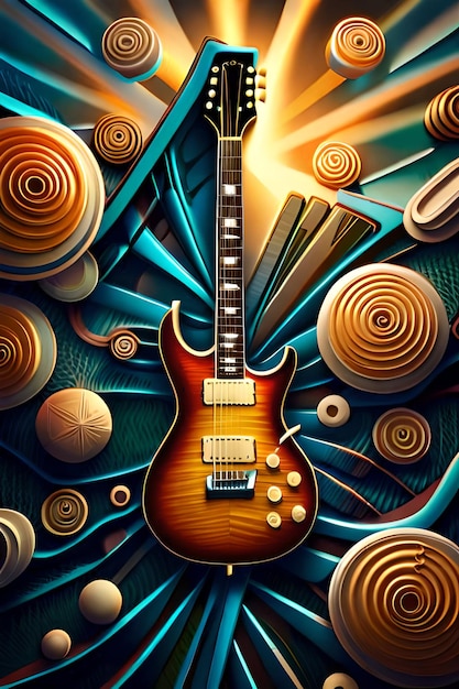 A poster for a guitar with a background of different musical instruments.