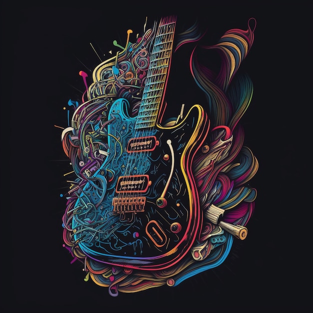 A poster of a guitar with a colorful background.