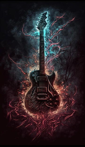 A poster for a guitar with a lightning bolt on it.