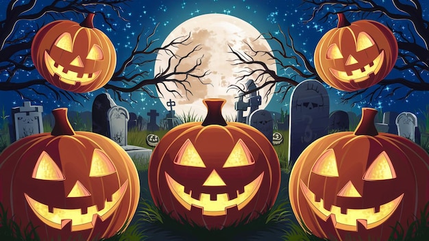a poster for the halloween season with pumpkins and trees