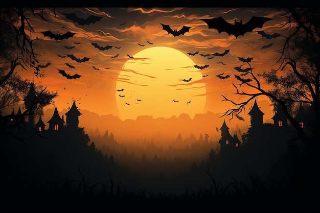 a poster for a halloween with bats flying in the sky