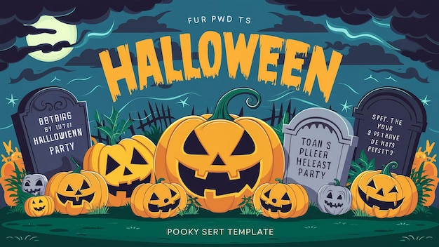 a poster for halloween with a picture of a pumpkin and a tombstone