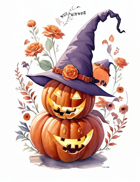 A poster for a halloween with pumpkins and flowers.