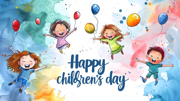 Foto un poster per la giornata dei bambini felici con palloncini colorati e le parole felice giornata dei bambini