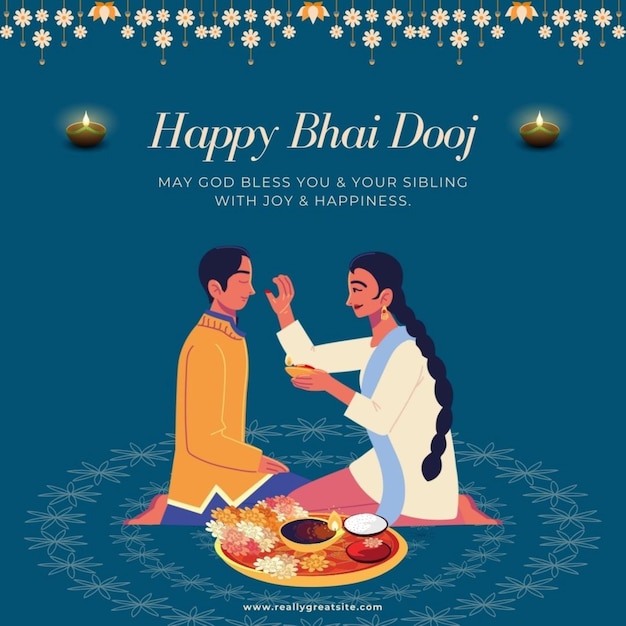 a poster for a happy couple with a blue background with a man and woman sitting on a plate