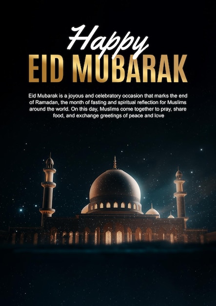 A poster for happy eid mubarak with a mosque in the background.
