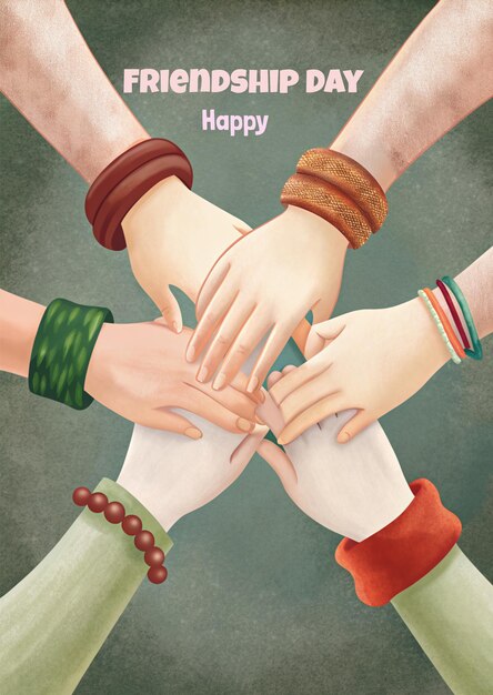 Foto un poster per un sorriso felice felice con le mani l'una attorno all'altra giorno dell'amicizia